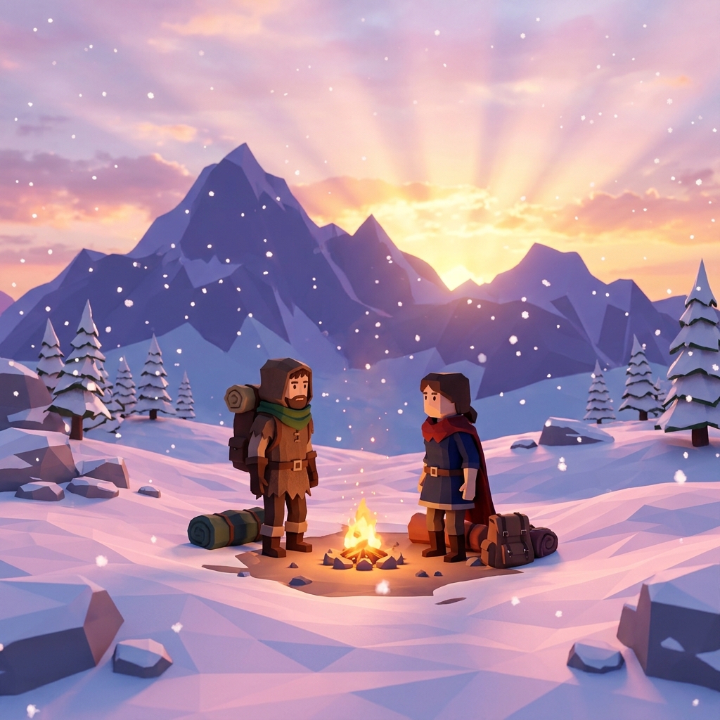Two travellers around a campfire in a snowy mountain landscape